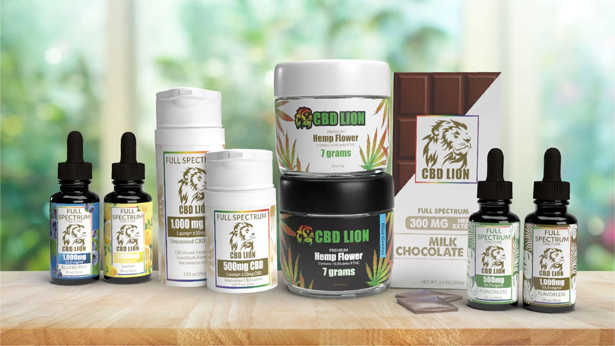Various CBD Lion products in blurred background